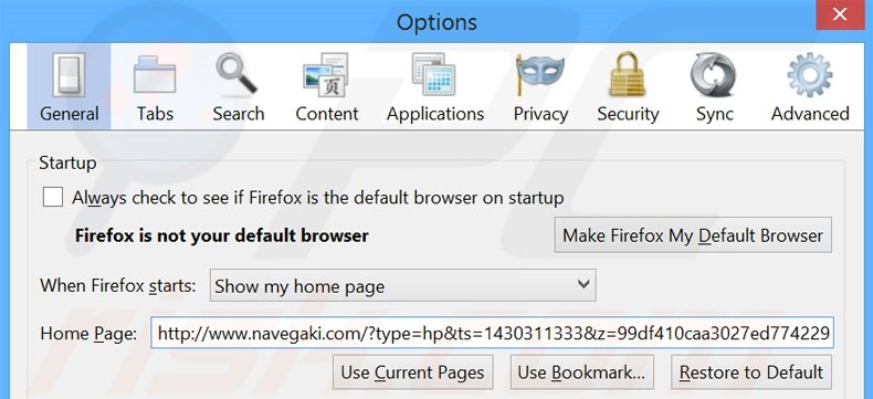 Removing navegaki.com from Mozilla Firefox homepage