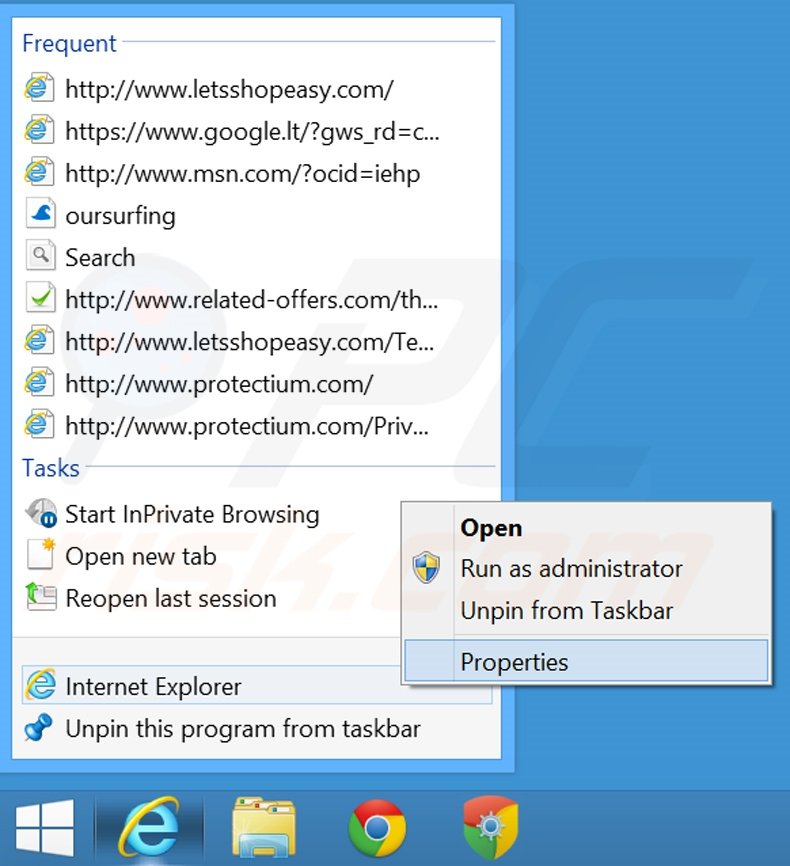 Removing navegaki.com from Internet Explorer shortcut target step 1