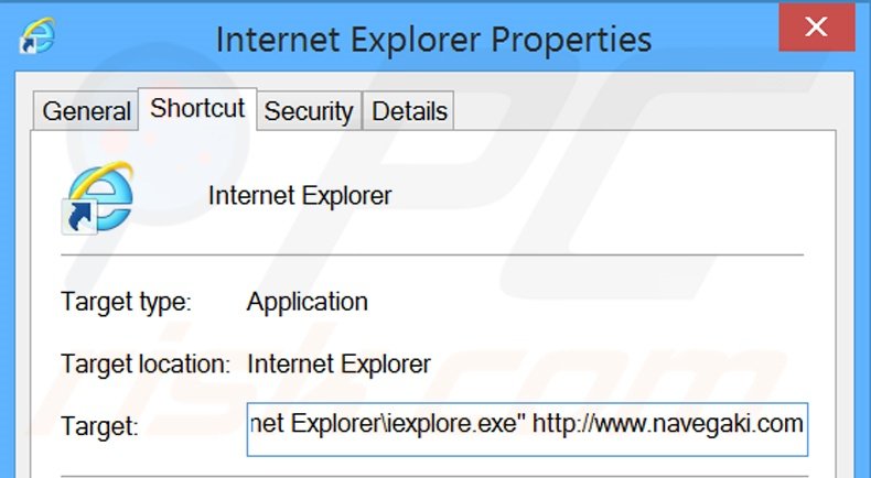 Removing navegaki.com from Internet Explorer shortcut target step 2