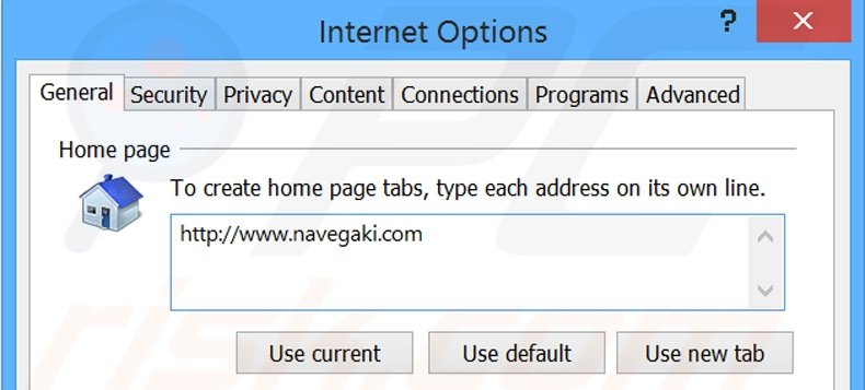 Removing navegaki.com from Internet Explorer homepage