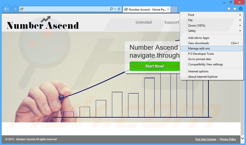 Removing Number Ascend ads from Internet Explorer step 1