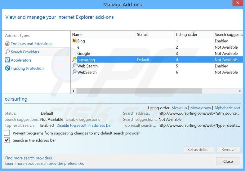 removing oursurfing.com from Internet Explorer default Internet search engine