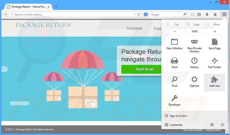 Removing Package Return ads from Mozilla Firefox step 1