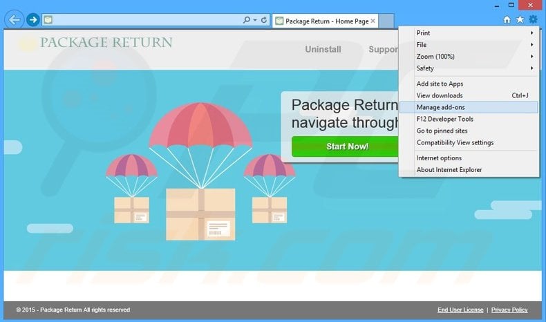 Removing Package Return ads from Internet Explorer step 1