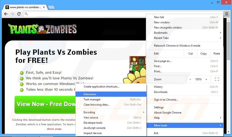 Removing Plants Vs Zombies ads from Google Chrome step 1