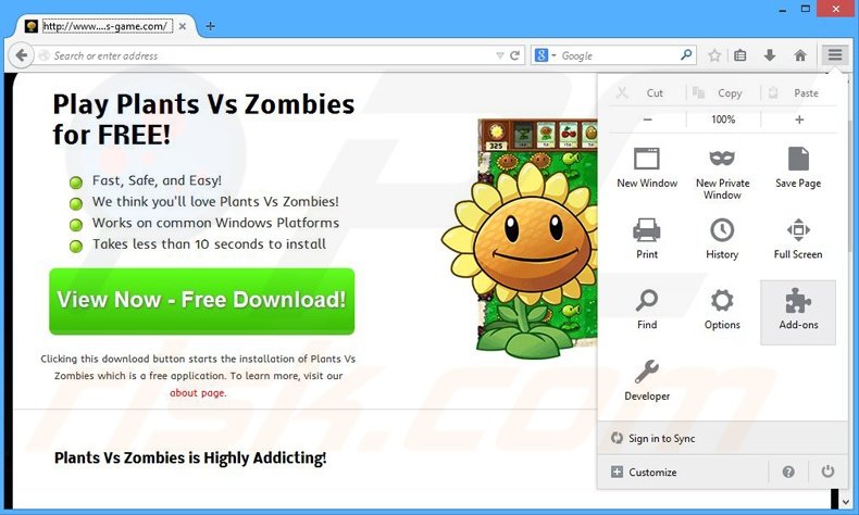 Removing Plants Vs Zombies ads from Mozilla Firefox step 1