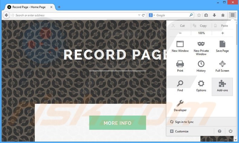 Removing Record Page ads from Mozilla Firefox step 1