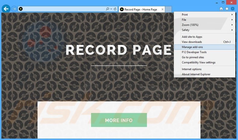 Removing Record Page ads from Internet Explorer step 1