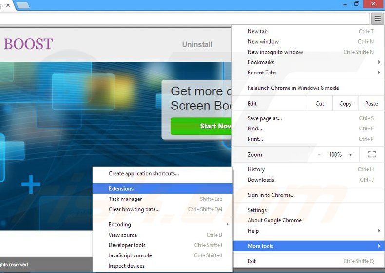 Removing Screen Boost  ads from Google Chrome step 1