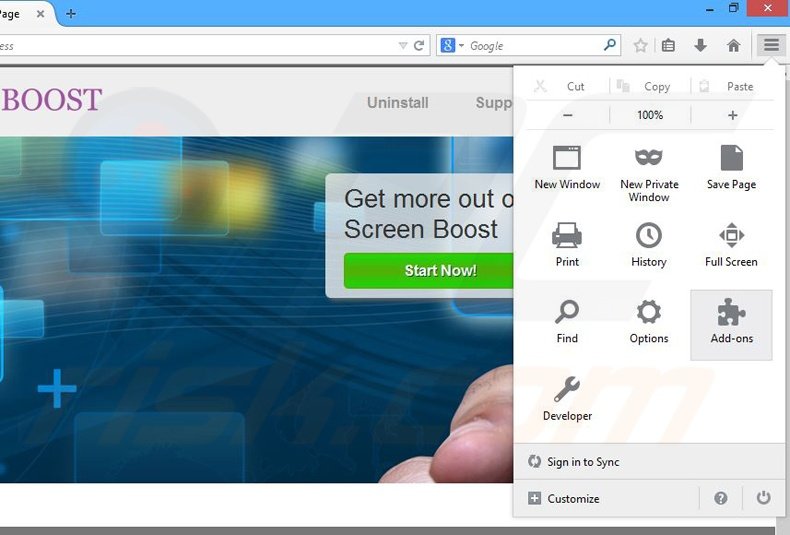 Removing Screen Boost ads from Mozilla Firefox step 1