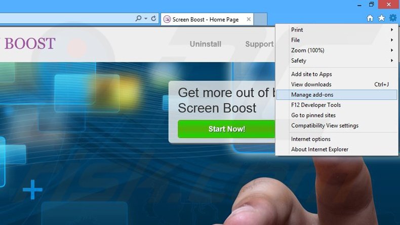 Removing Screen Boost ads from Internet Explorer step 1