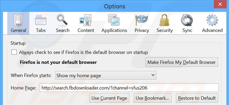 Removing search.fbdownloader.com from Mozilla Firefox homepage