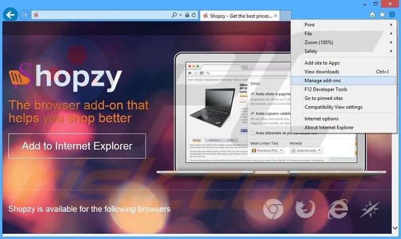 Removing Shopzy ads from Internet Explorer step 1