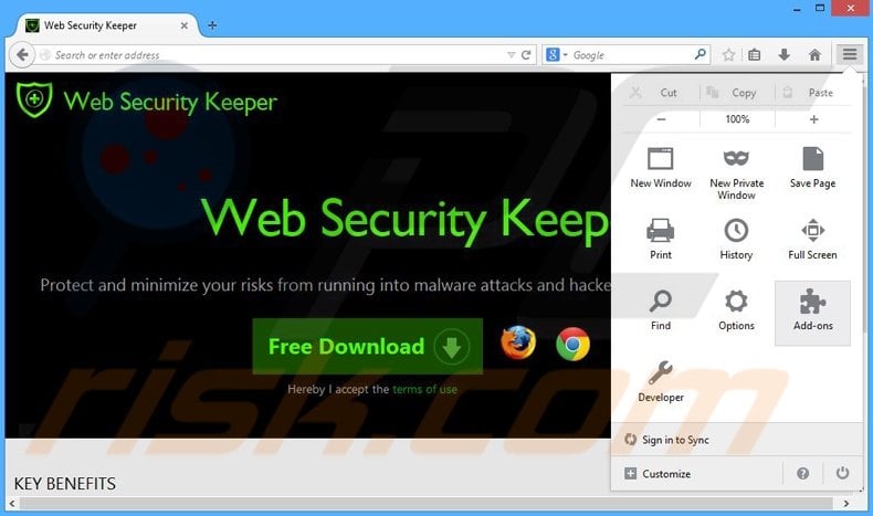 Removing Web Security Keeper ads from Mozilla Firefox step 1