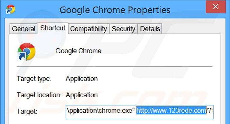 Removing 123rede.com from Google Chrome shortcut target step 2