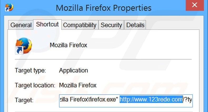 Removing 123rede.com from Mozilla Firefox shortcut target step 2