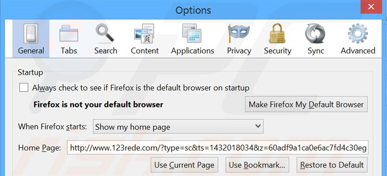 Removing 123rede.com from Mozilla Firefox homepage