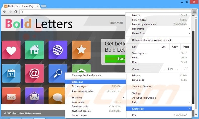 Removing Bold Letters ads from Google Chrome step 1