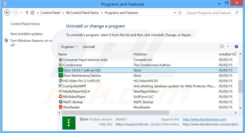 ebon browser adware uninstall via Control Panel