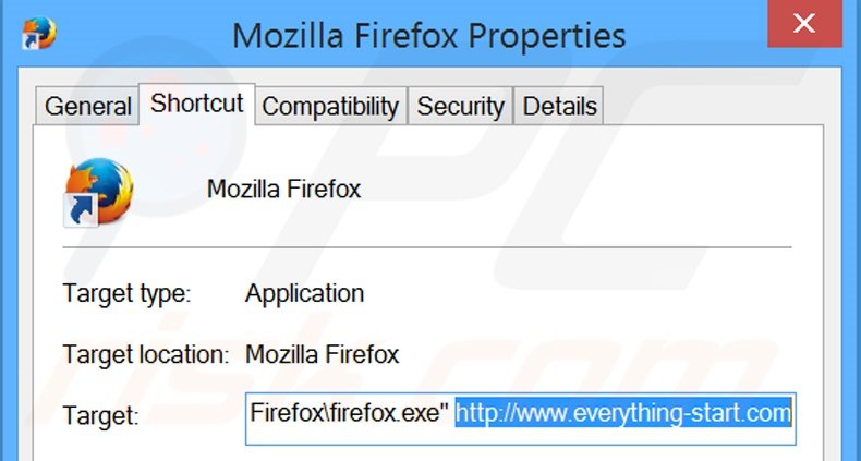 Removing everything-start.com from Mozilla Firefox shortcut target step 2