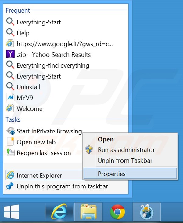 Removing everything-start.com from Internet Explorer shortcut target step 1