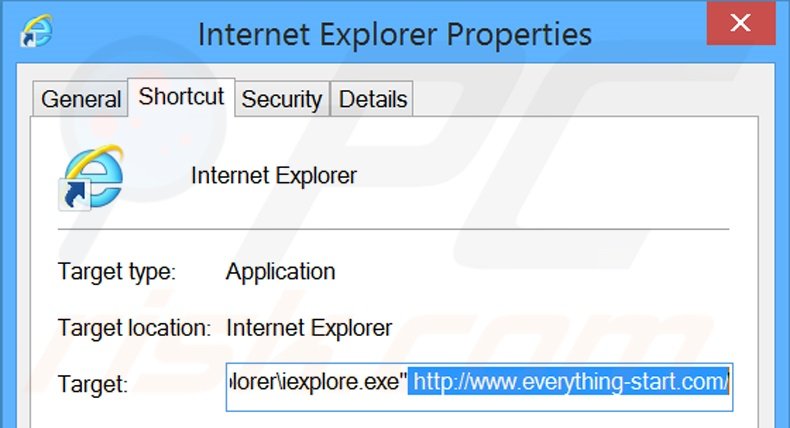 Removing everything-start.com from Internet Explorer shortcut target step 2