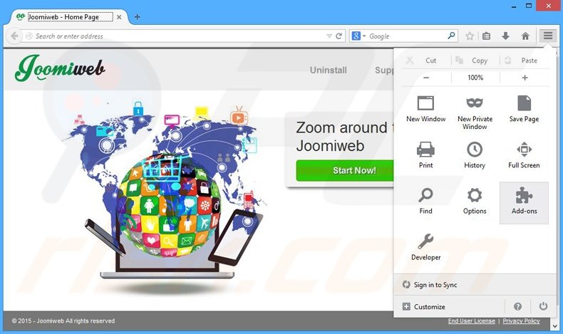 Removing Joomiweb ads from Mozilla Firefox step 1
