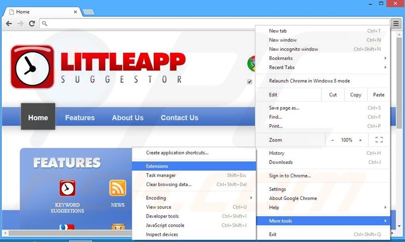 Removing LittleApp Suggestor ads from Google Chrome step 1