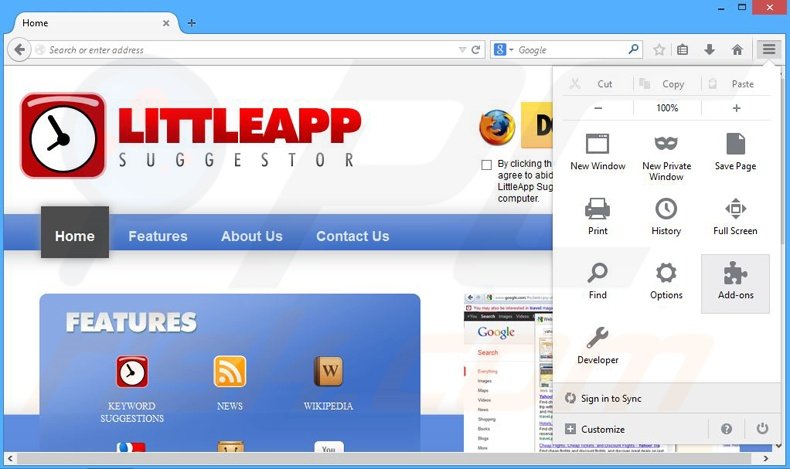 Removing LittleApp Suggestor ads from Mozilla Firefox step 1