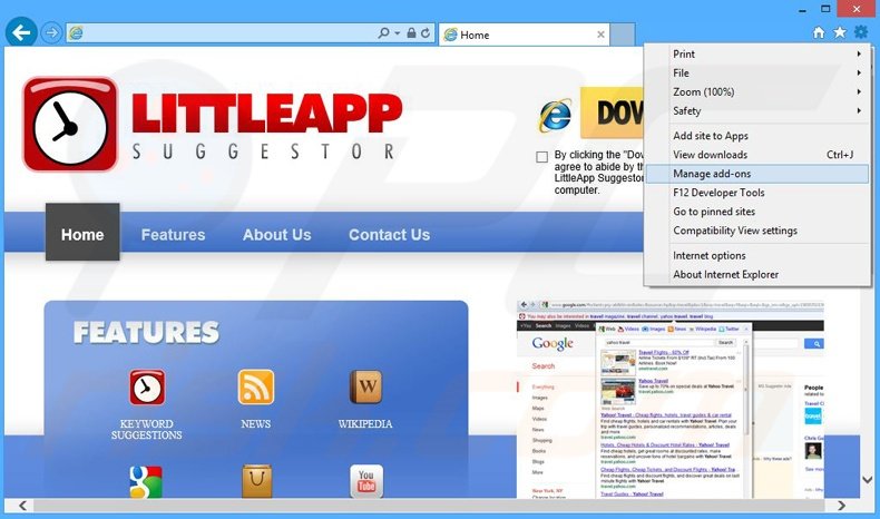 Removing LittleApp Suggestor ads from Internet Explorer step 1
