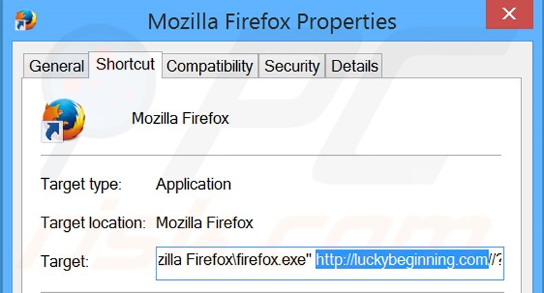 Removing luckybeginning.com from Mozilla Firefox shortcut target step 2