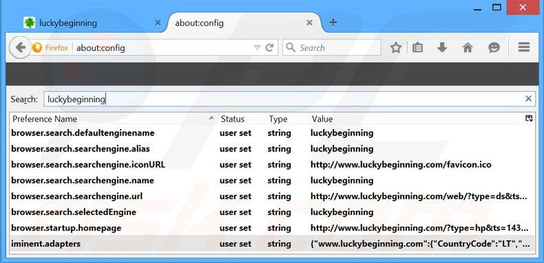 Removing luckybeginning.com from Mozilla Firefox default search engine