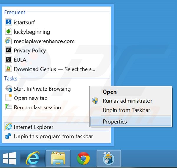 Removing luckybeginning.com from Internet Explorer shortcut target step 1