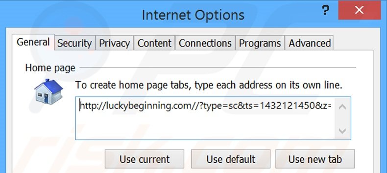Removing luckybeginning.com from Internet Explorer homepage