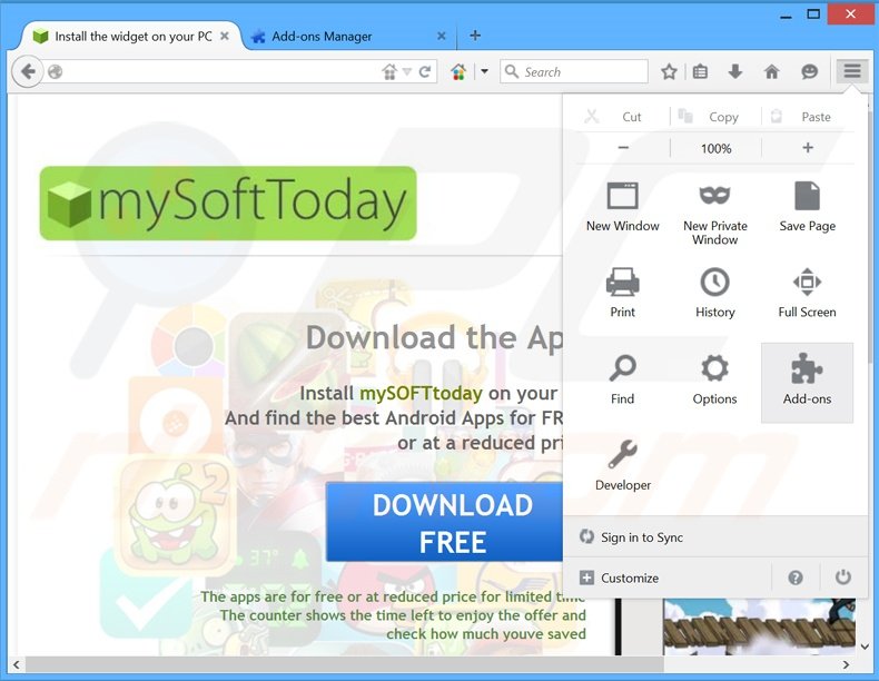 Removing MySoftToday ads from Mozilla Firefox step 1