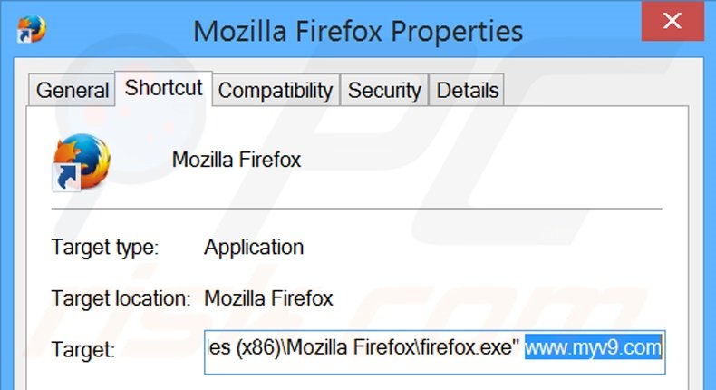 Removing myv9.com from Mozilla Firefox shortcut target step 2