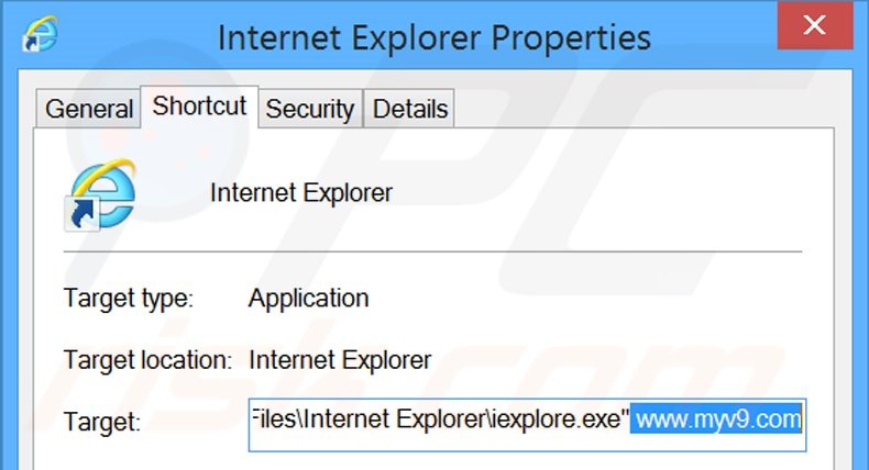 Removing myv9.com from Internet Explorer shortcut target step 2