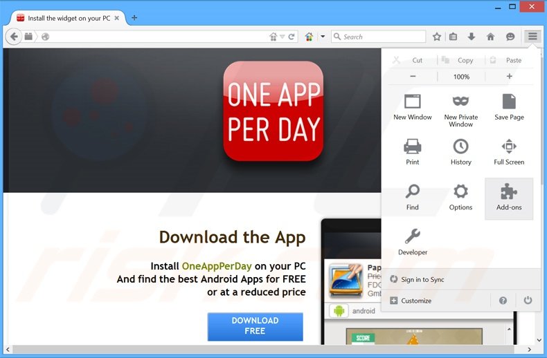 Removing OneAppPerDay ads from Mozilla Firefox step 1