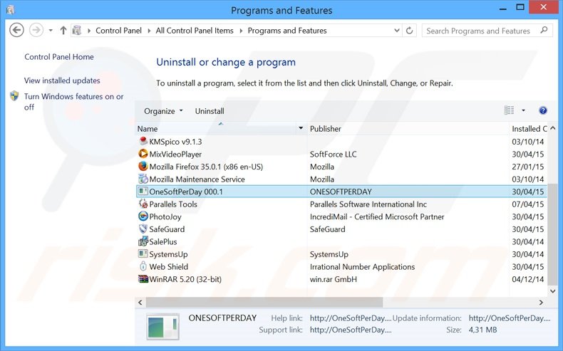 OneAppPerDay adware uninstall via Control Panel