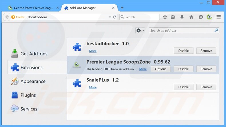 Removing Premier League ScoopsZone ads from Mozilla Firefox step 2