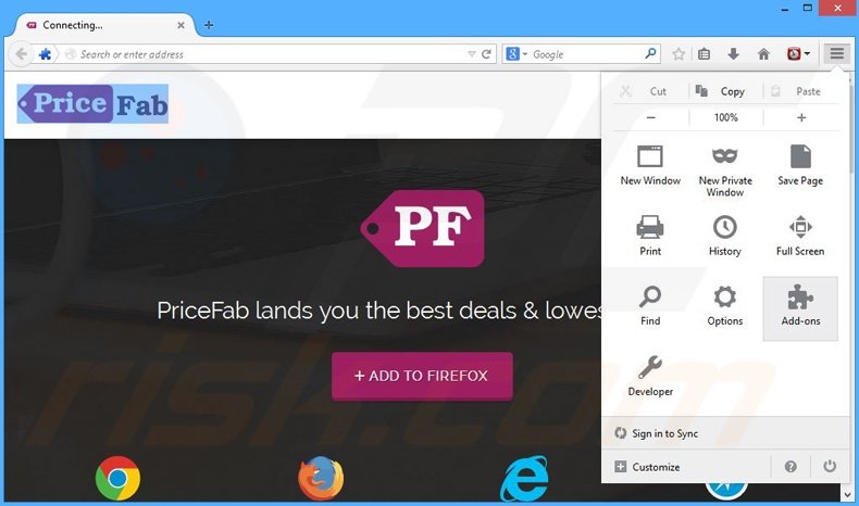 Removing PriceFab ads from Mozilla Firefox step 1