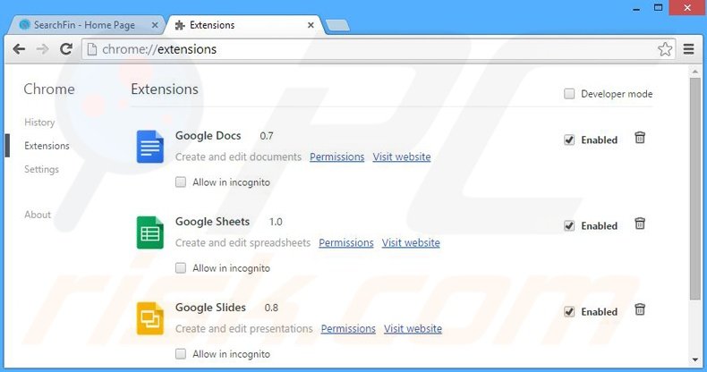 Removing SearchFin ads from Google Chrome step 2