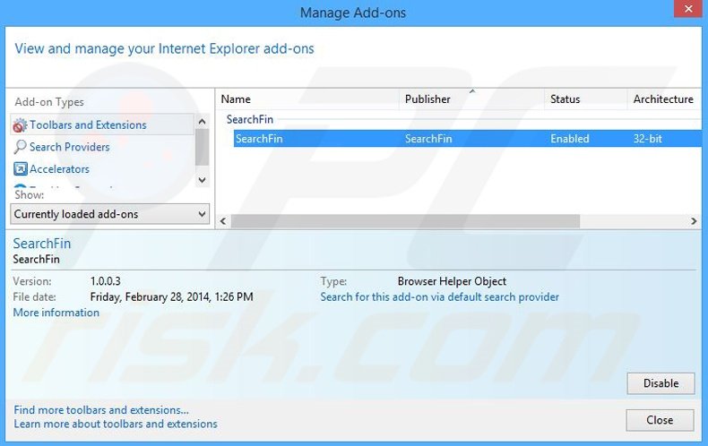Removing SearchFin ads from Internet Explorer step 2