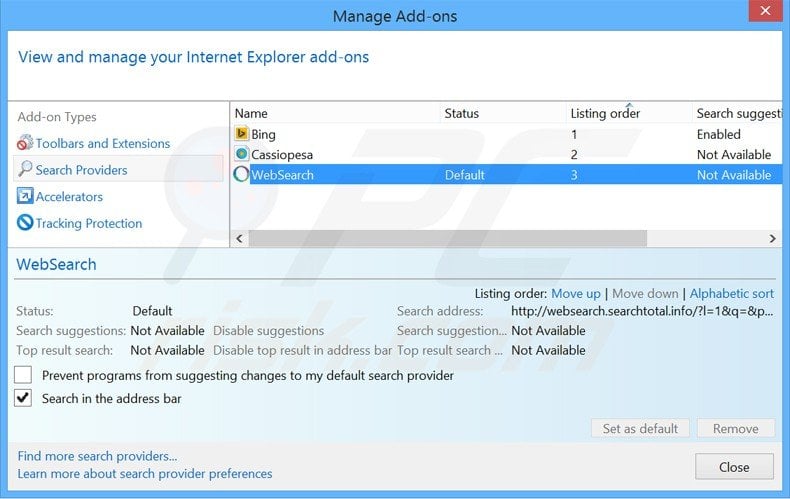 Removing websearch.searchtotal.info from Internet Explorer default Internet search engine