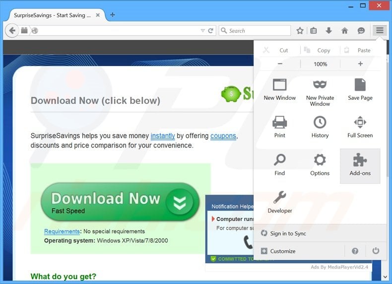 Removing SurpriseSavings ads from Mozilla Firefox step 1