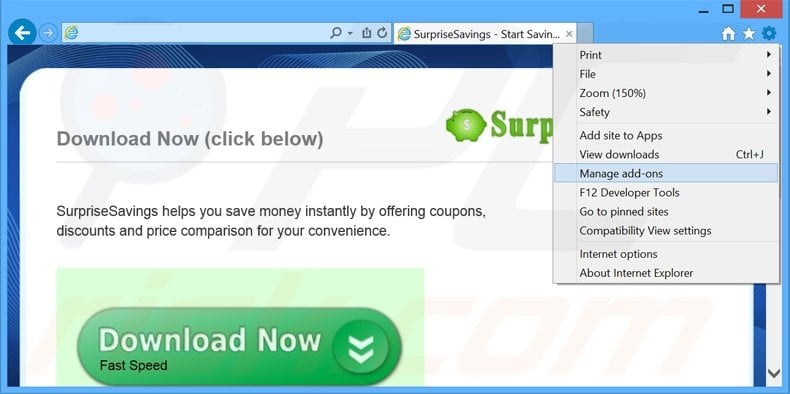 Removing SurpriseSavings ads from Internet Explorer step 1