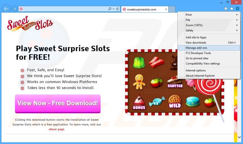 Removing Sweet Surprise Slots ads from Internet Explorer step 1