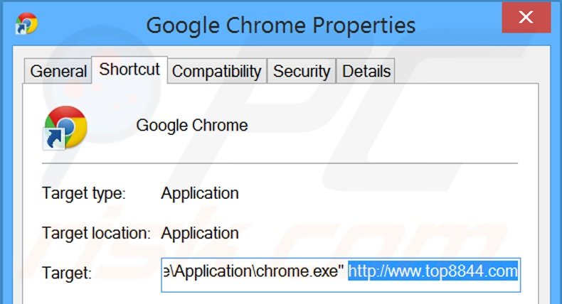 Removing top8844.com from Google Chrome shortcut target step 2