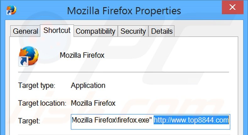Removing top8844.com from Mozilla Firefox shortcut target step 2
