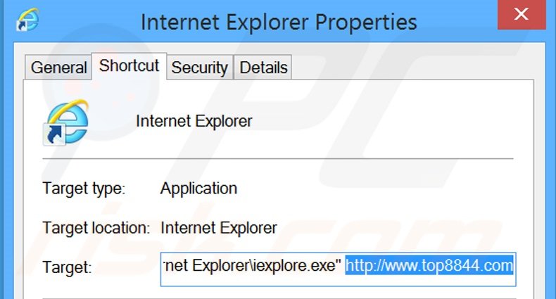Removing top8844.com from Internet Explorer shortcut target step 2